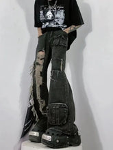 Threebooy Heavy-wash Distressed Multi-pocket Straight-leg Jeans American Retro Street Wide Leg Jeans Harajuku Style Hip Hop Trousers